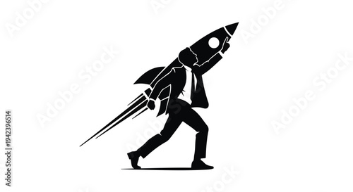 Silhouette of a businessman with a rocket propelling him forward, symbolizing rapid growth and ambition.