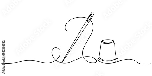 thread with a needle and a thimble for sewing continuous one line drawing, continuous line of needle, thread and scissors.one line drawing of clothing sewing equipment single line vector illustration 