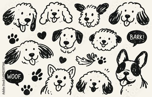 Cute hand drawn dog doodle set with puppy faces, paw prints, hearts, and speech bubbles. Fun cartoon style illustration perfect for pet themes, stickers, kids designs, and animal branding.