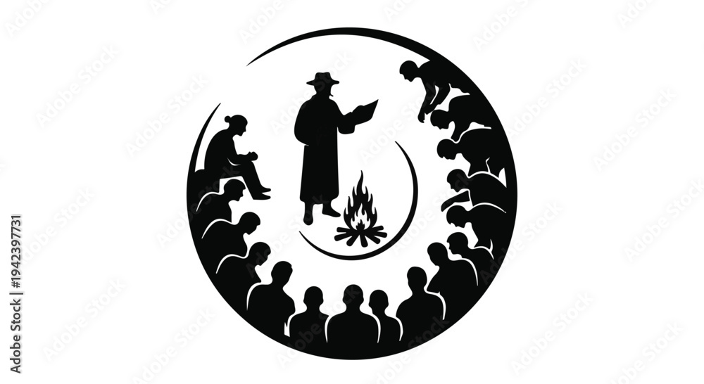 Naklejka premium Storyteller shares wisdom around a campfire, surrounded by an attentive audience in a circular formation.