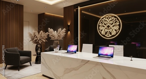 modern luxury reception area featuring a white marble desk with two laptops, a glowing circular floral logo on a dark wall, a leather armchair, and pampas grass in a vase, creating a sophisticated and