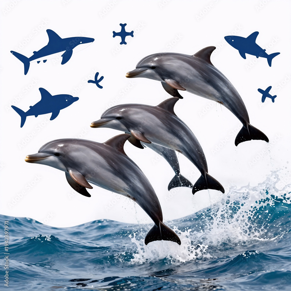 Obraz premium Minimalist Sea Jumping. Vibrant, Isolated Illustrations Showcase Jumping Dolphins And Oceanic Elements On A White Background