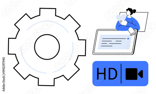 Video streaming. HD video settings, user interface elements, and gear icon configuration. Video streaming innovation for apps, platforms, and online content. Remote work, online education digital