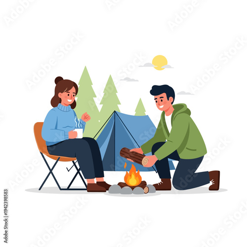 Couple Camping by Campfire, Enjoying Nature with Tent and Hot Drink