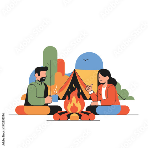 Couple camping by campfire, enjoying nature, flat design illustration