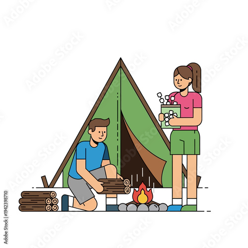 Couple camping, gathering firewood and marshmallows for campfire at night