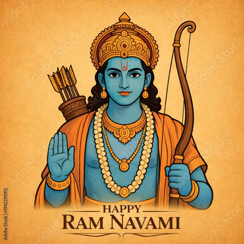 Lord Rama blessing gesture portrait Happy Ram Navami devotional vector illustration