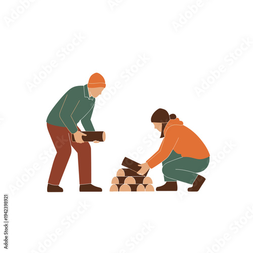 Couple stacking firewood for winter, preparing for cold season, outdoor activity