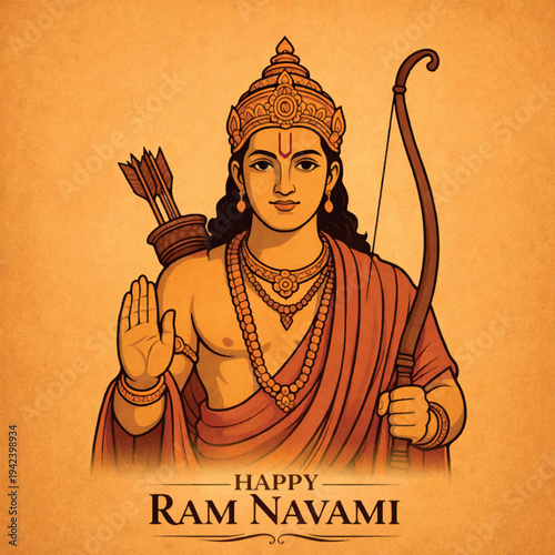 Lord Rama divine portrait with bow traditional Hindu mythology illustration for Ram Navami