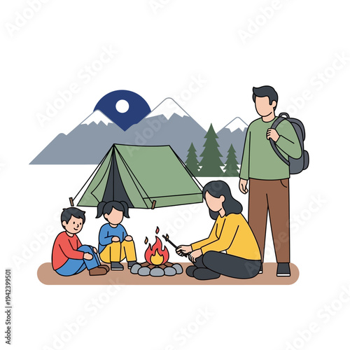 Family camping trip, roasting marshmallows by campfire with tent and mountains background