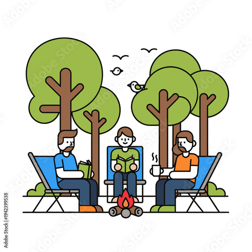 Family camping, reading books near campfire under trees, outdoor leisure, flat vector illustration