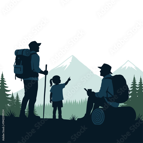 Family Hiking Adventure: Silhouettes of Father, Mother, and Child in Mountains