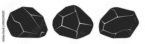 Rock Boulder Silhouette Vector Icon Set, professional vector pack showing different rock formations, rugged stone shapes, and boulder icons, scalable graphics perfect for environmental, construction, 