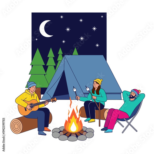 Friends camping at night, roasting marshmallows, playing guitar by campfire