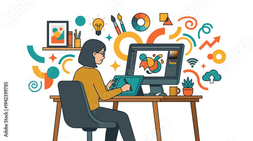 Creative Graphic Designer Remote Worker Crafting Digital Art with a Pen Tablet