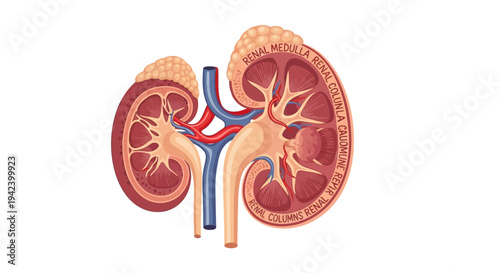 Detailed vector illustration of human kidney anatomy in cross-section, highlighting renal artery, vein, and ureter for medical education and biological science
