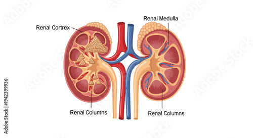 Anatomical vector illustration of human kidney structure with renal cortex and medulla