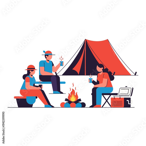 Friends Camping, Campfire, Tent, Outdoor Recreation, Evening Leisure, Hot Drinks
