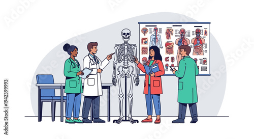 Vector illustration of medical students learning human anatomy with a skeleton model and anatomical charts in a modern classroom setting