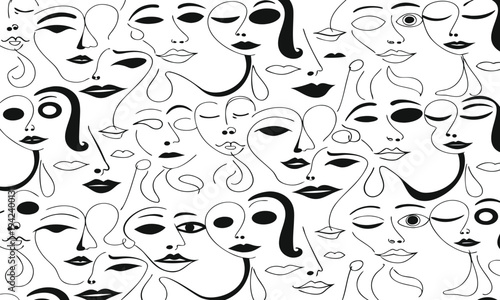 Abstract black and white pattern featuring numerous overlapping stylized female faces and lips high quality professional