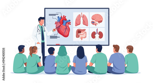 Flat 2d vector illustration of human body anatomy being explained to students by a doctor