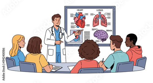 Vector flat 2d illustration of a doctor lecturing students on human anatomy, with anatomical diagrams displayed on a screen