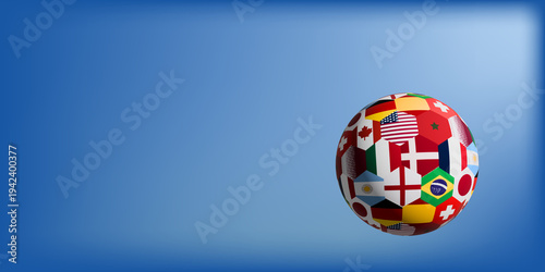 A globe adorned with various national flags against a gradient sky backdrop.