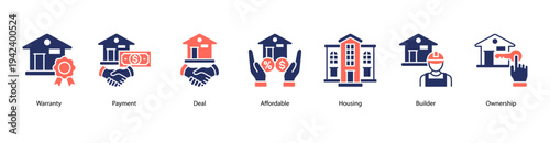 Property Ownership and Management web banner icon vector illustration featuring Warranty, Payment, Deal, Affordable, Housing, Builder, and Ownership.