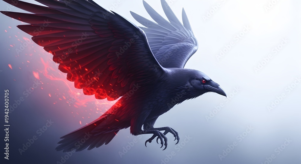Naklejka premium Majestic crow with glowing red wings in flight against misty background