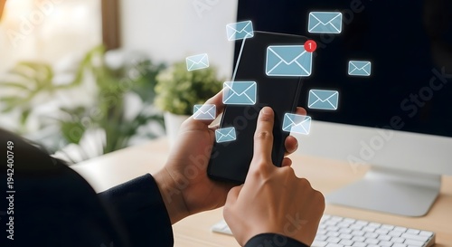 Email marketing strategy concept businessman using smartphone sending email newsletter campaign online