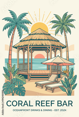 An inviting illustration of the Coral Reef Bar, a tropical dining venue overlooking the ocean, depicting an idyllic setting for enjoyment and relaxation under the sun.