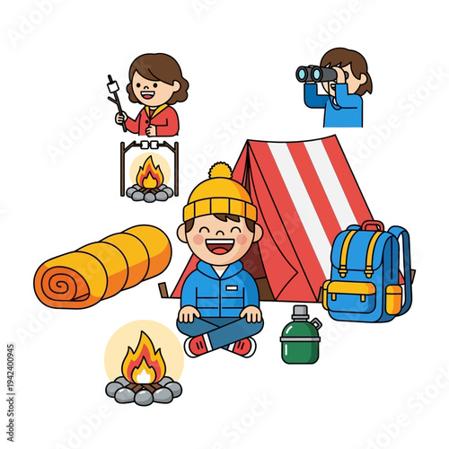 Happy Kid Camping: Tent, Fire, Marshmallow, Backpack, Sleeping Bag, Binoculars