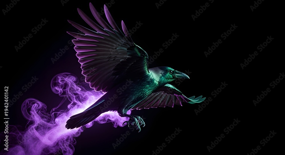 Naklejka premium Mystical raven with glowing purple aura on dark background