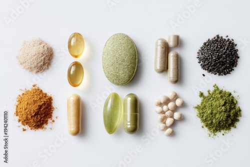 Natural health supplements and powders arranged on white