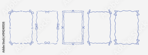 Ribbon bow frame border set ink bleed style for invitation, cards, greeting. quirky imperfect rough scribble frame