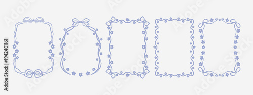 Ribbon Bow floral frame border set ink bleed style for invitation, cards, greeting. quirky imperfect rough scribble frame