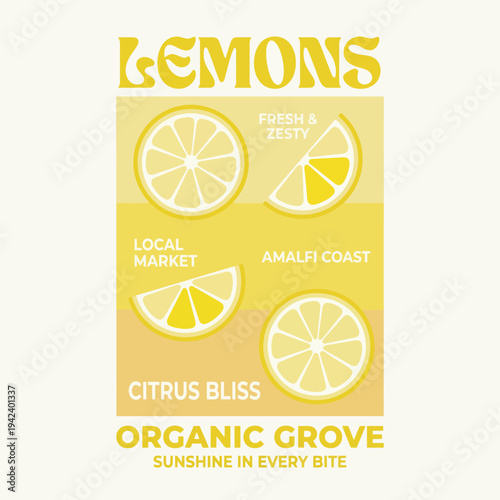 This vibrant image showcases fresh organic lemons, featuring a bright yellow color palette and slices that emphasize their juicy, zesty appeal, great for health-conscious shoppers.