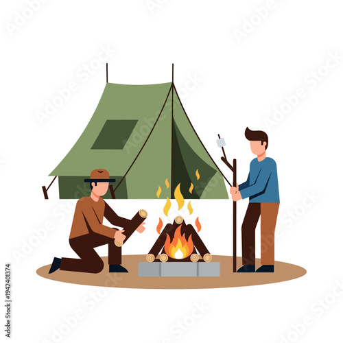 Two people camping, roasting marshmallows over campfire near tent, flat illustration