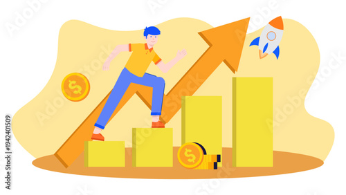 An enthusiastic person climbing a bar graph toward success with a rocket launch in the background