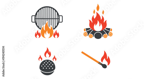 BBQ Fire Line art vector set clean abstract modern illustration