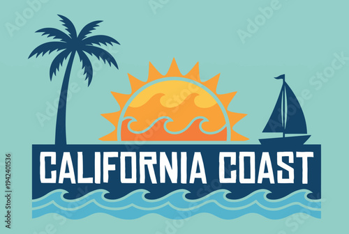 An elegant illustration showcasing the serene beauty of the California coast with a stylized sun, ocean waves, and a sailboat, representing harmony and relaxation.