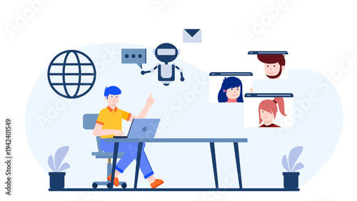 A man working on a laptop conducting a virtual meeting with team members and a chatbot assistant