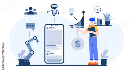 Man analyzing business growth and financial data through a connected mobile ecosystem with automation and robotics