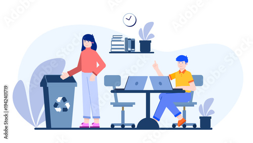 Professionals working in a green office with a focus on waste management and recycling practices