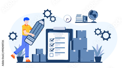 Man checking off an ethical business checklist near shipping boxes and global trade symbols