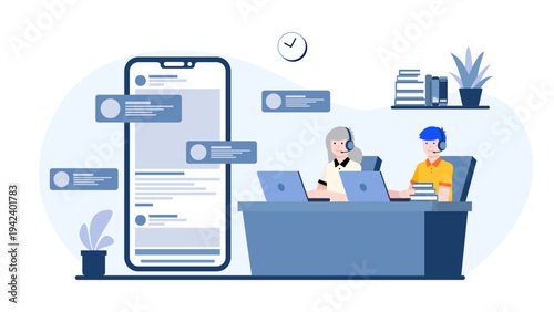 Customer support agents with headsets handling incoming client messages via a digital interface