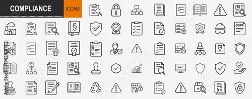 Compliance and regulatory standards icons set, outline symbols for legal policy quality control data protection and corporate governance vector illustration