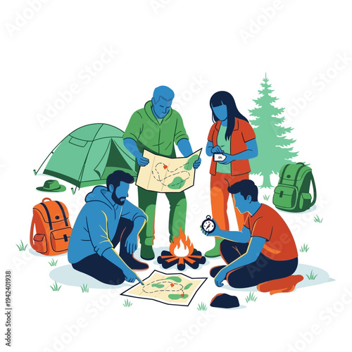 Camping friends planning adventure with map and compass by campfire