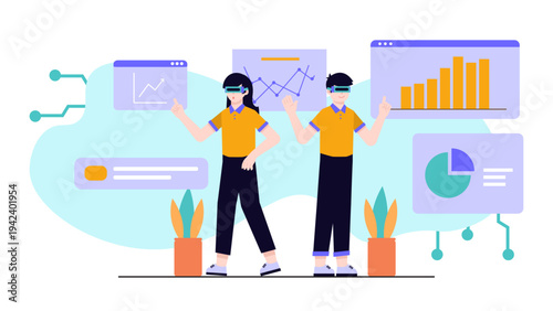 Business team wearing VR headsets to analyze data and interact with virtual charts in a meeting