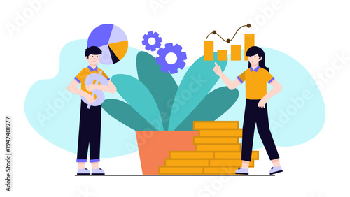 Concept of sustainable and eco-friendly business practices with giant plant and financial growth symbols